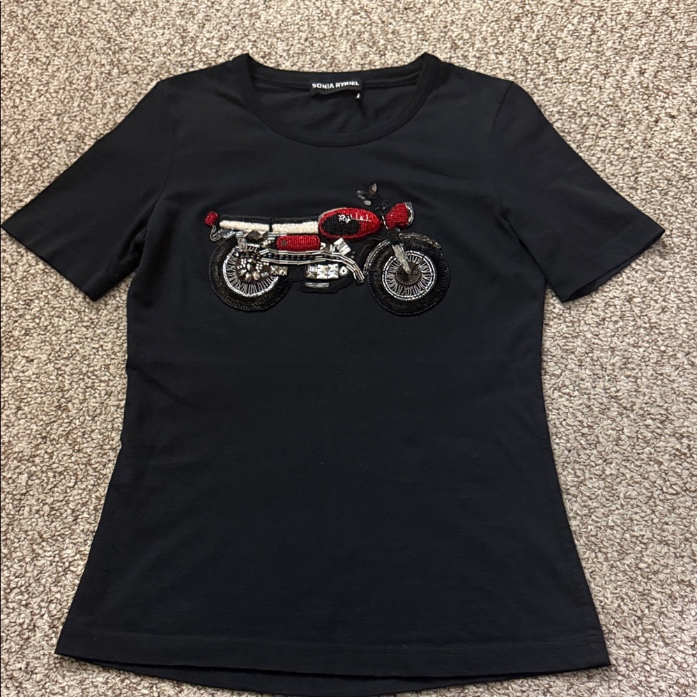 Sonia Rykiel Black Tee with Red Motorcycle Applique
